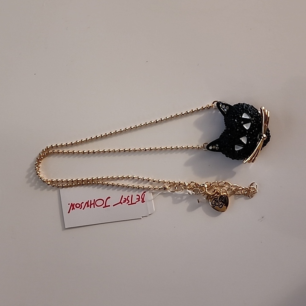 Betsy Johnson Black Cat Pavé Stone Gold tone ball chain necklace w lobster clasp - Picture 1 of 3